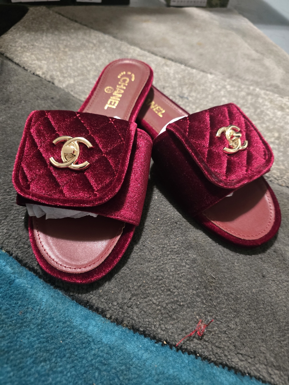 CHANEL Burgundy Velvet Quilted Slide Mules with Gold CC Hardware